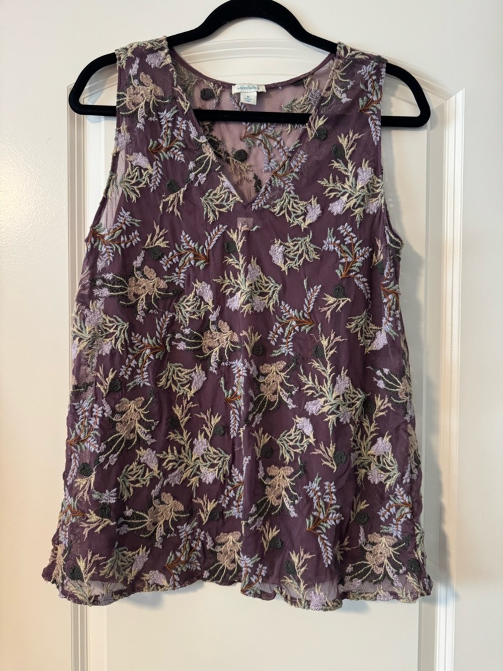 Sundance Sleeveless Lavender Floral Embroidered SheerV-Neck Top